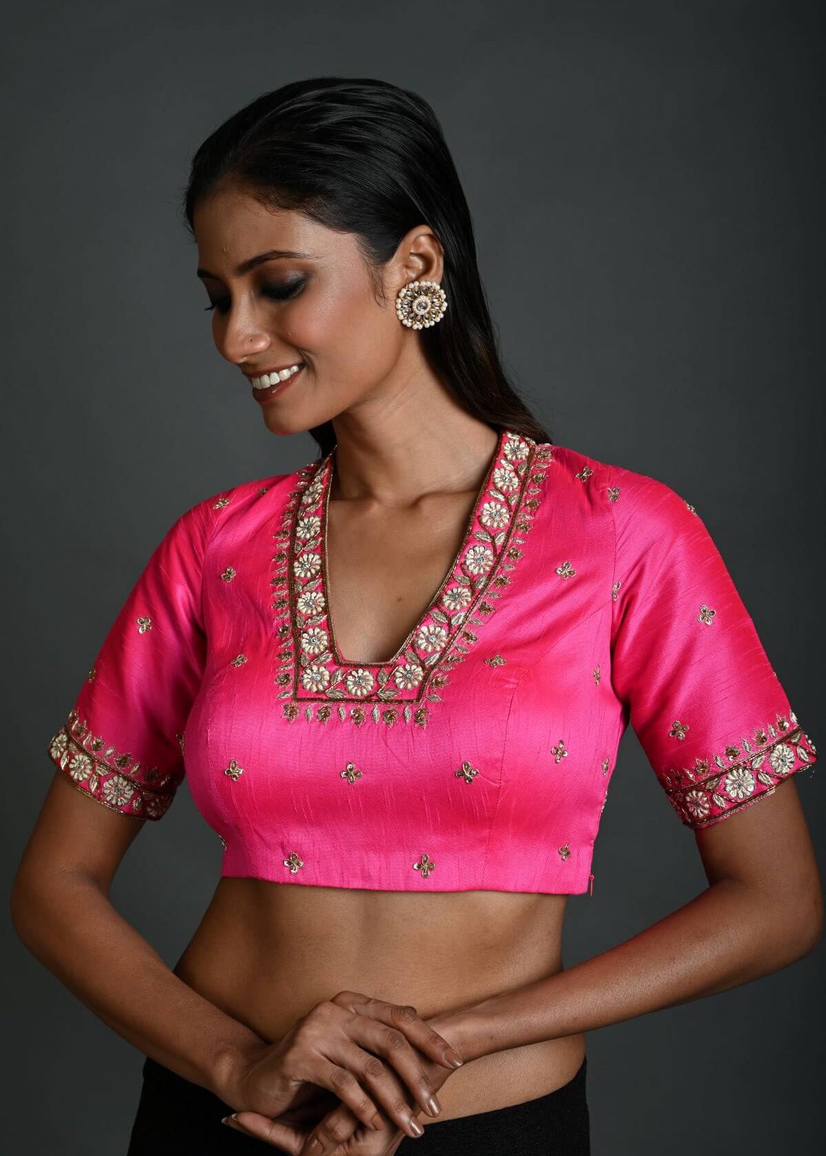 Pink Bridal Hand Embroidered Blouse in Raw Silk with Scoop Neckline