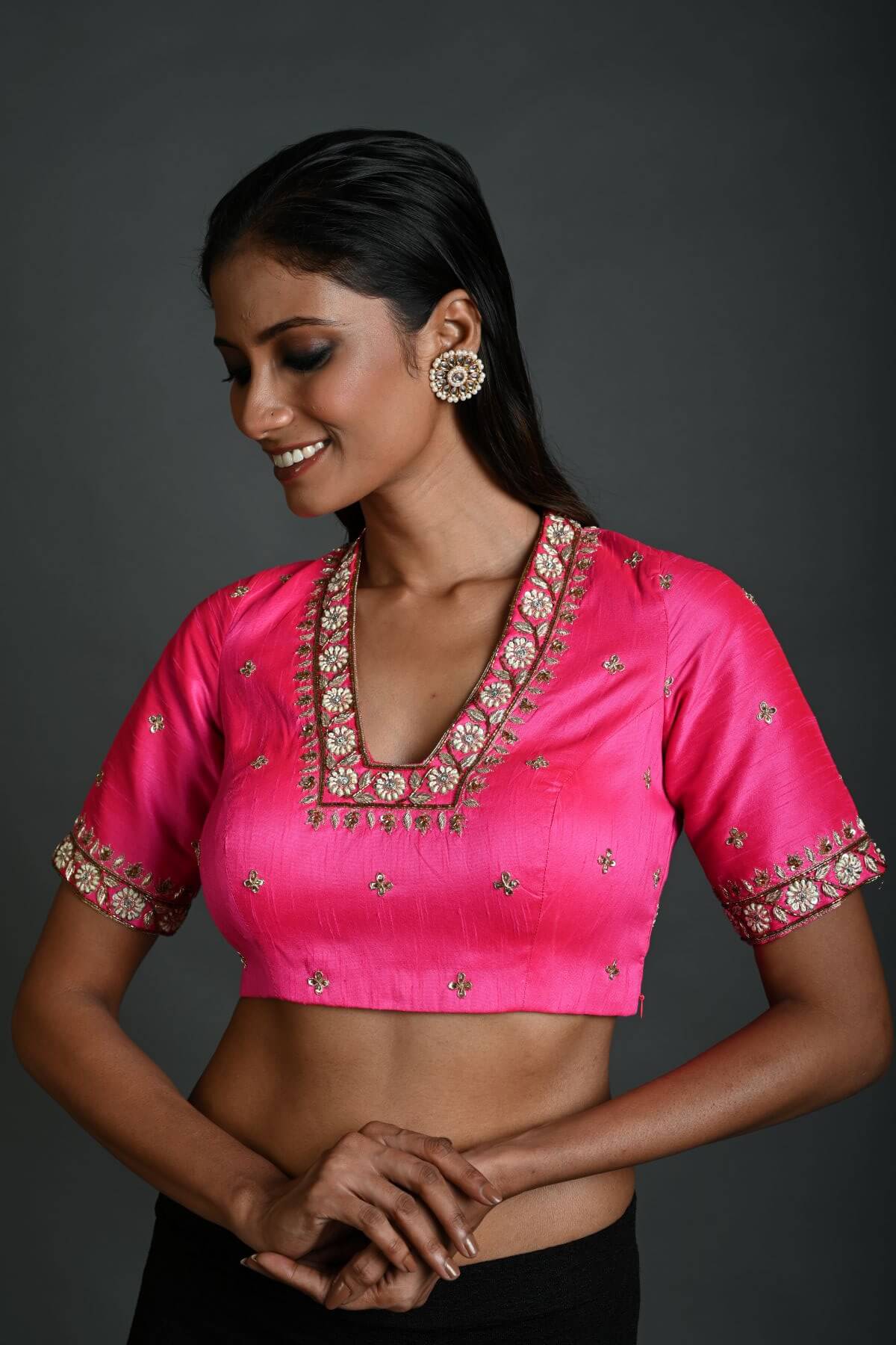 Pink Bridal Hand Embroidered Blouse in Raw Silk with Scoop Neckline