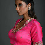 Pink Bridal Hand Embroidered Blouse in Raw Silk with Scoop Neckline