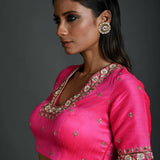 Pink Bridal Hand Embroidered Blouse in Raw Silk with Scoop Neckline