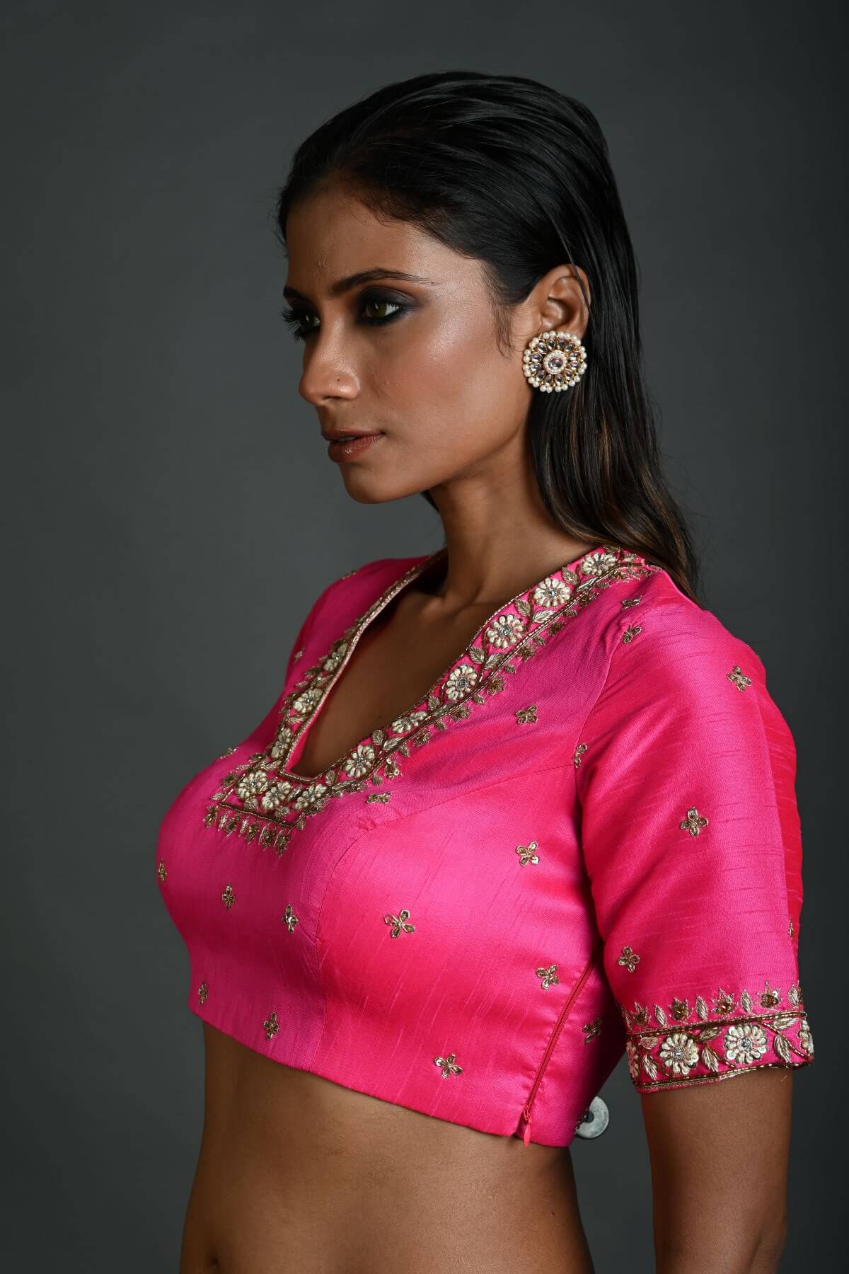 Pink Bridal Hand Embroidered Blouse in Raw Silk with Scoop Neckline