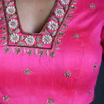 Pink Bridal Hand Embroidered Blouse in Raw Silk with Scoop Neckline