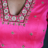 Pink Bridal Hand Embroidered Blouse in Raw Silk with Scoop Neckline