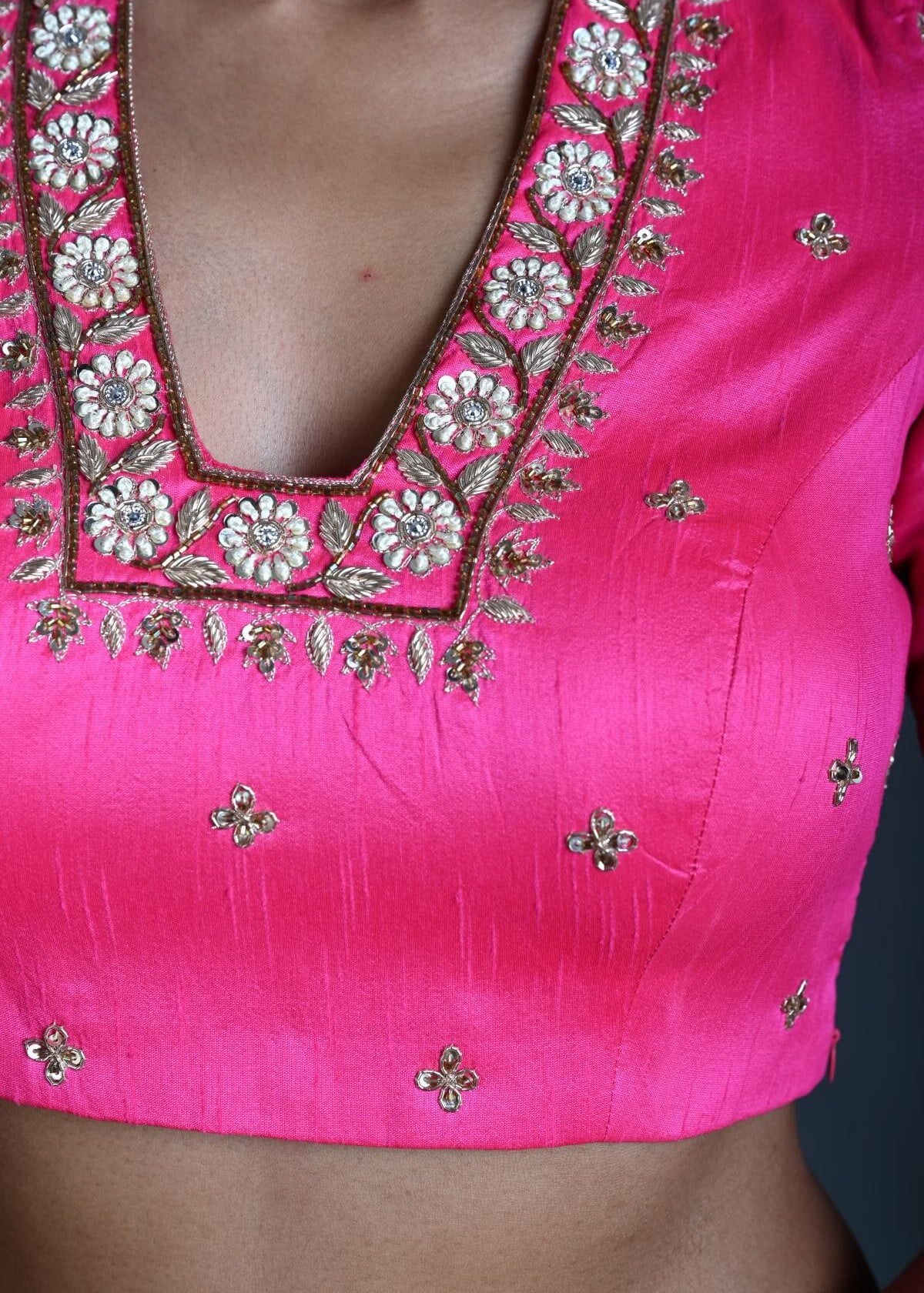 Pink Bridal Hand Embroidered Blouse in Raw Silk with Scoop Neckline