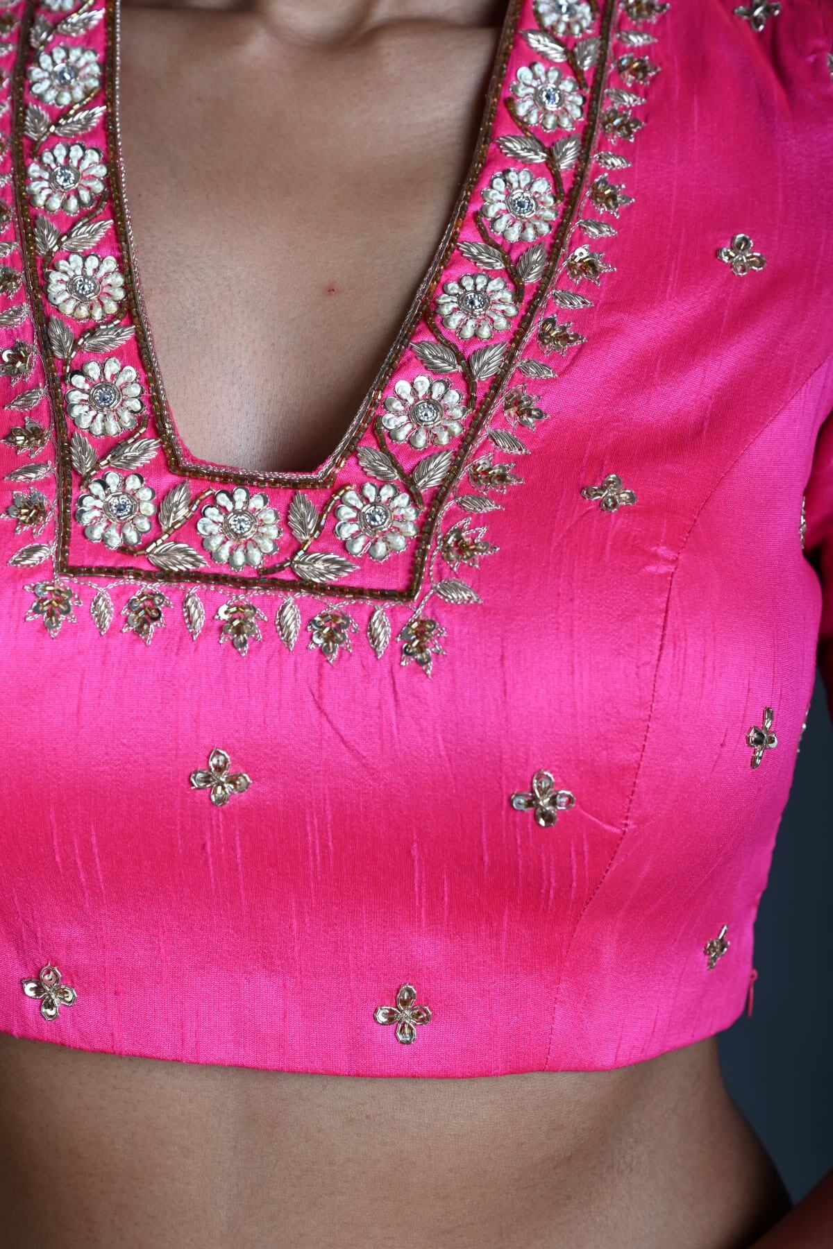 Pink Bridal Hand Embroidered Blouse in Raw Silk with Scoop Neckline