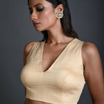 Cream Sleeveless Blouse in Cotton with V Neckline and Back Closure - Anvi Couture