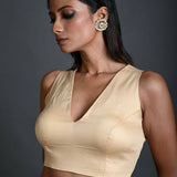 Cream Sleeveless Blouse in Cotton with V Neckline and Back Closure - Anvi Couture