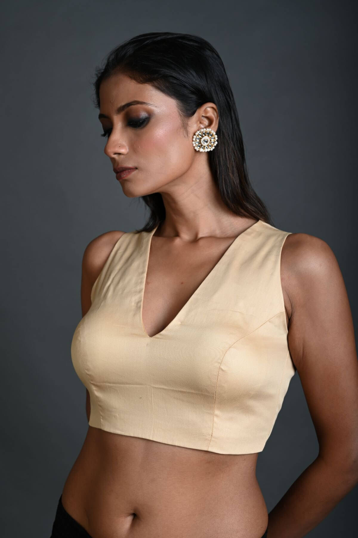 Cream Sleeveless Blouse in Cotton with V Neckline and Back Closure - Anvi Couture