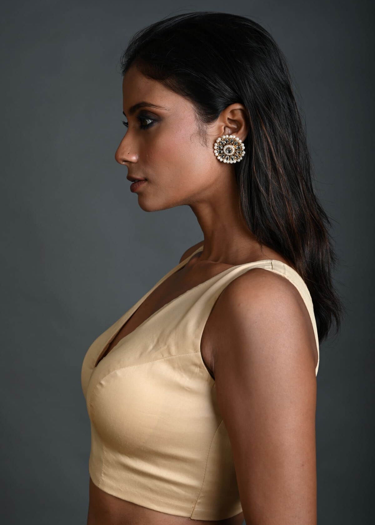 Cream Sleeveless Blouse in Cotton with V Neckline and Back Closure - Anvi Couture