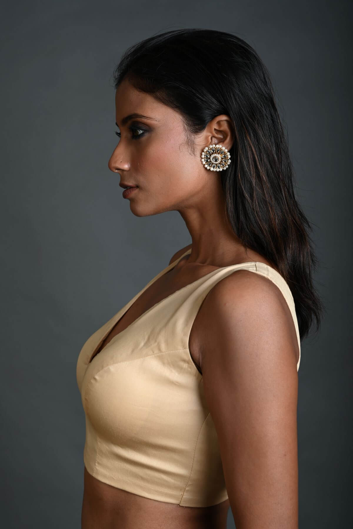 Cream Sleeveless Blouse in Cotton with V Neckline and Back Closure - Anvi Couture