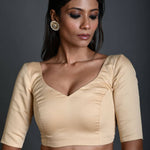 Cream Cotton Blouse with Sweetheart Neckline and Half Sleeves - Anvi Couture