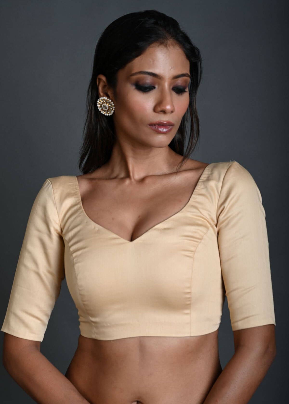 Cream Cotton Blouse with Sweetheart Neckline and Half Sleeves - Anvi Couture