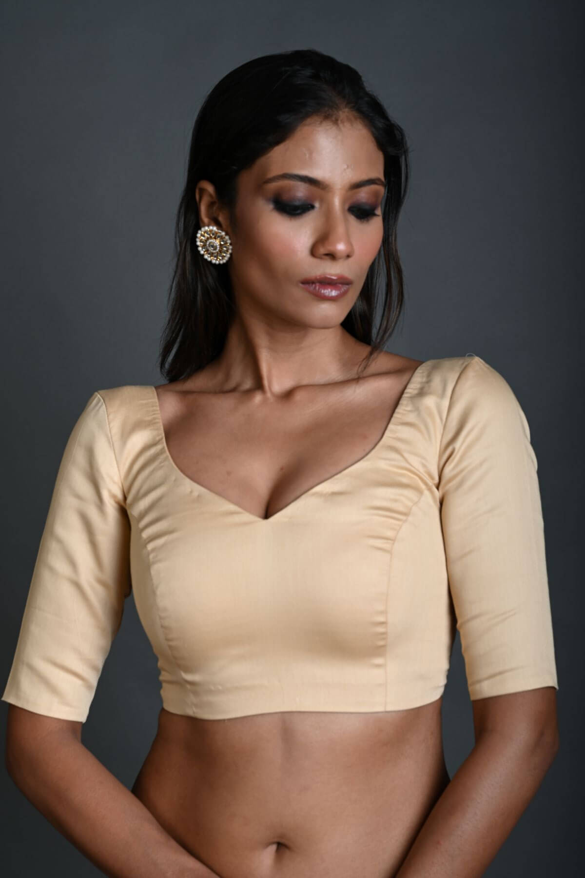 Cream Cotton Blouse with Sweetheart Neckline and Half Sleeves - Anvi Couture