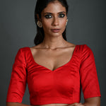 Red Cotton Blouse with Sweetheart Neckline and Half Sleeves - Anvi Couture