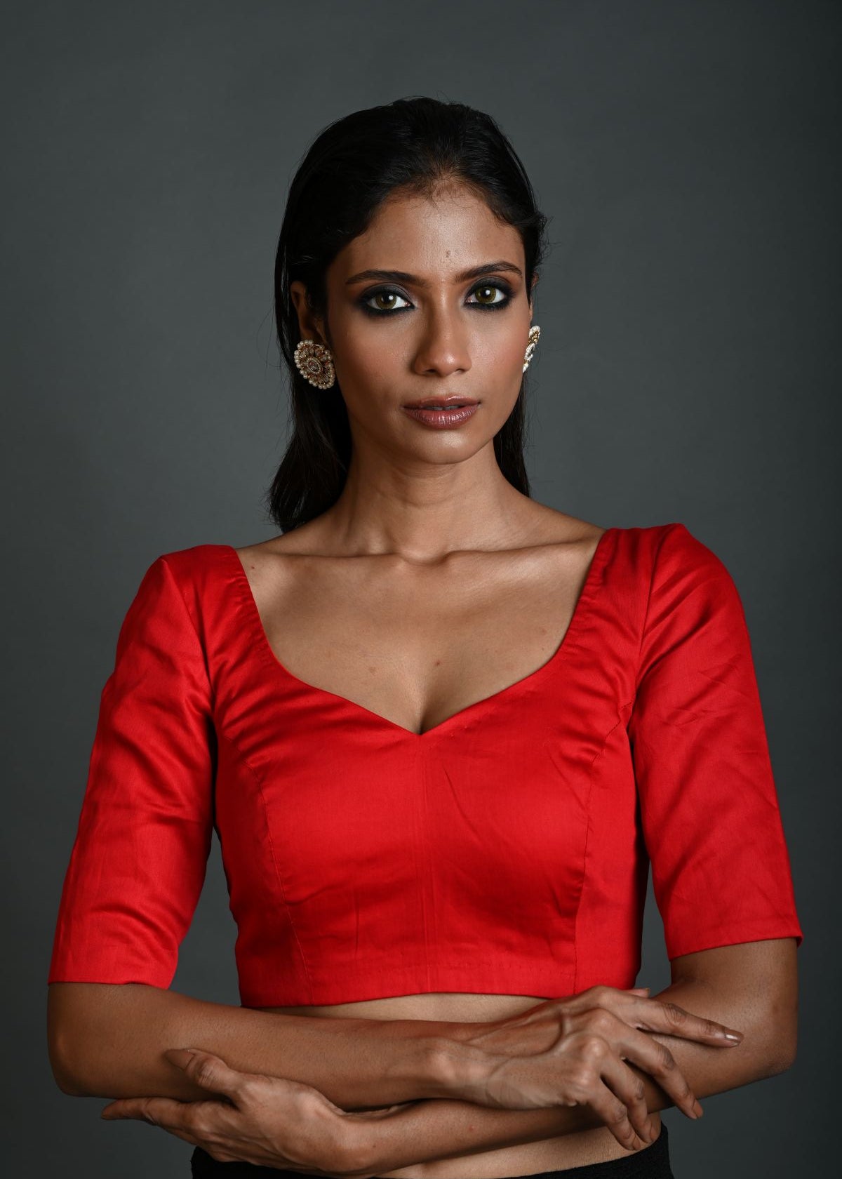 Red Cotton Blouse with Sweetheart Neckline and Half Sleeves - Anvi Couture