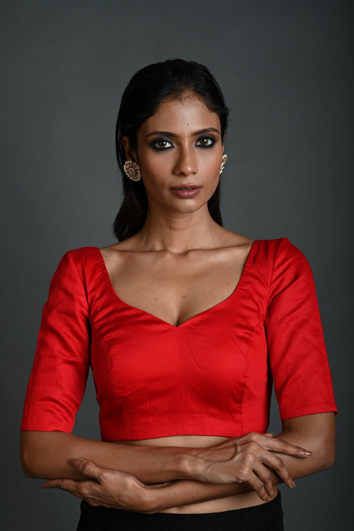 Red Cotton Blouse with Sweetheart Neckline and Half Sleeves - Anvi Couture