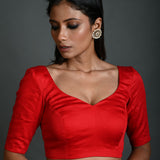 Red Cotton Blouse with Sweetheart Neckline and Half Sleeves - Anvi Couture