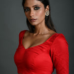 Red Cotton Blouse with Sweetheart Neckline and Half Sleeves - Anvi Couture