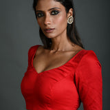 Red Cotton Blouse with Sweetheart Neckline and Half Sleeves - Anvi Couture