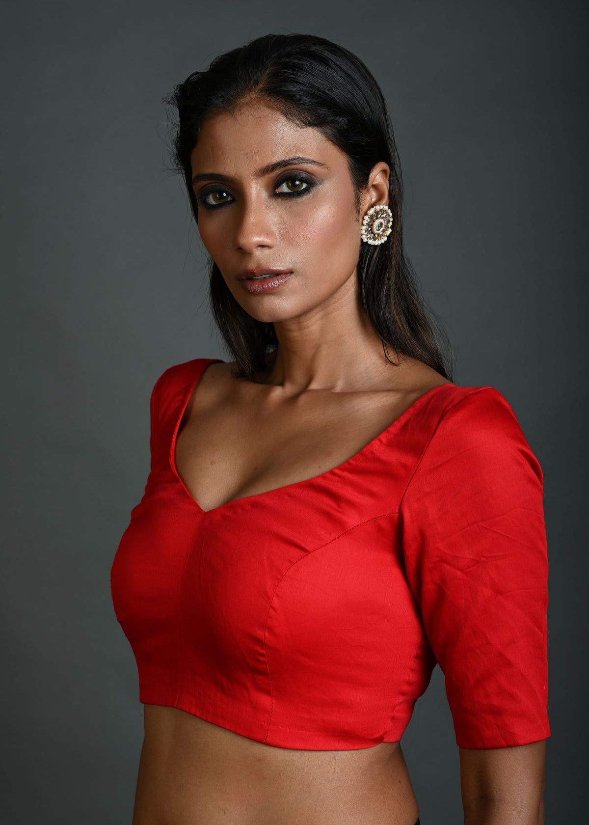 Red Cotton Blouse with Sweetheart Neckline and Half Sleeves - Anvi Couture