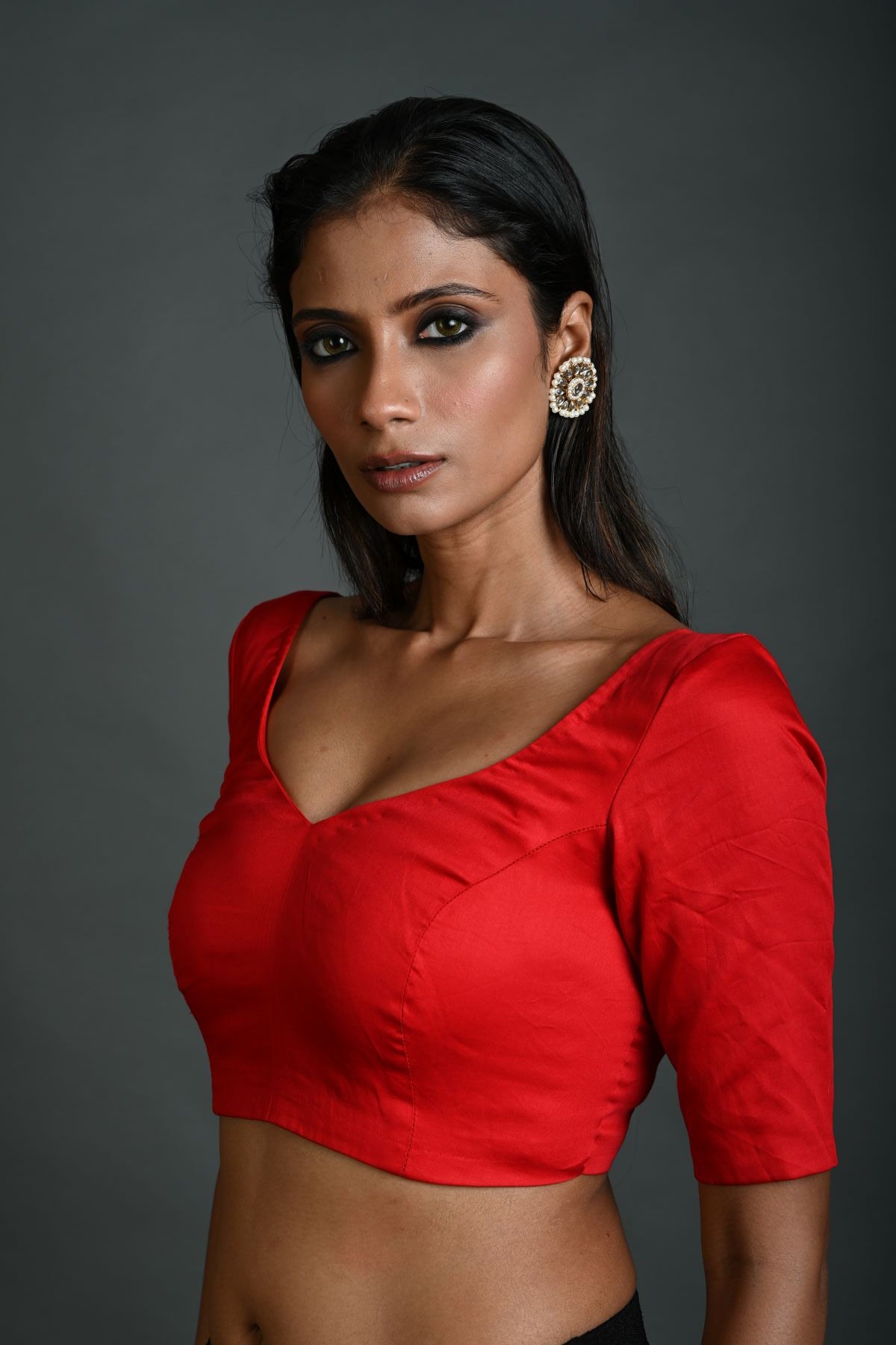 Red Cotton Blouse with Sweetheart Neckline and Half Sleeves - Anvi Couture