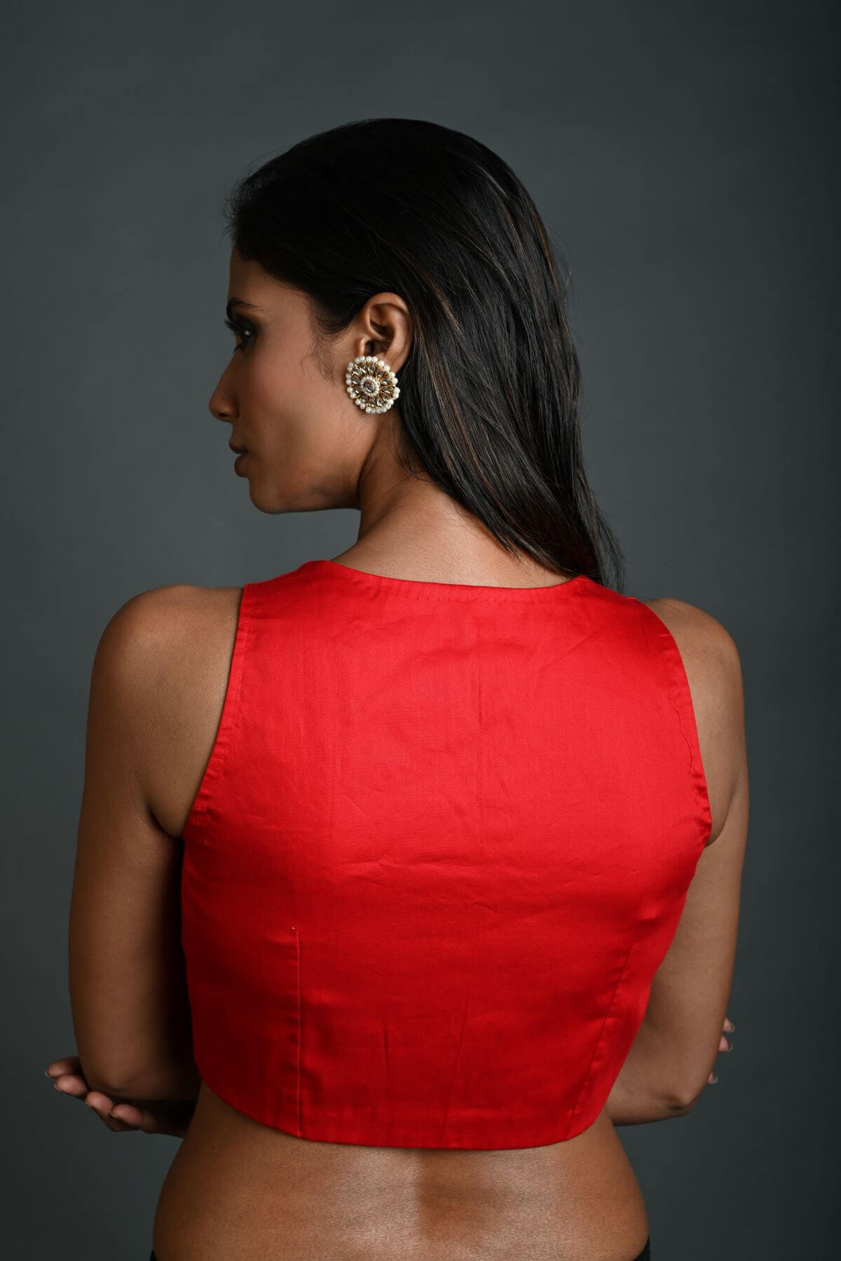 Red Cotton Sleeveless Blouse with Deep U - Neckline - Anvi Couture