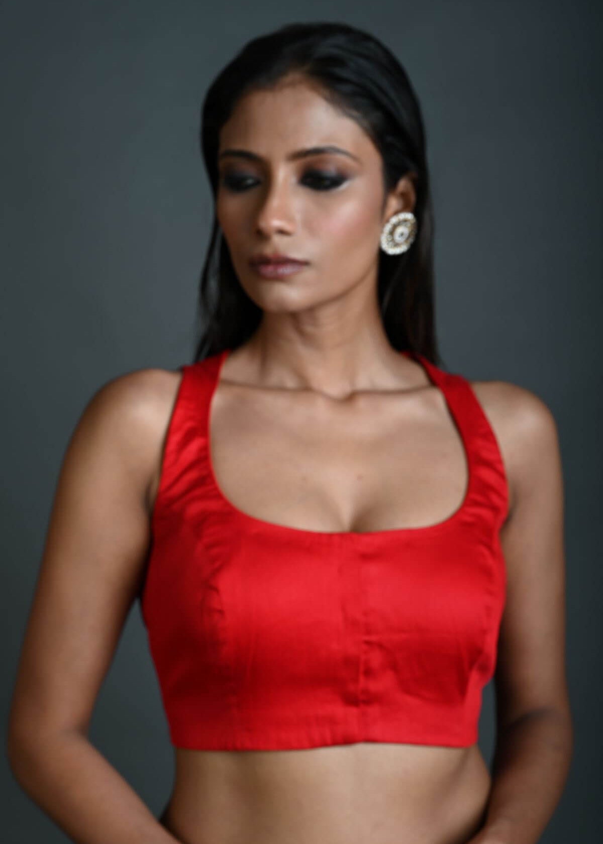 Red Cotton Sleeveless Blouse with Deep U - Neckline - Anvi Couture