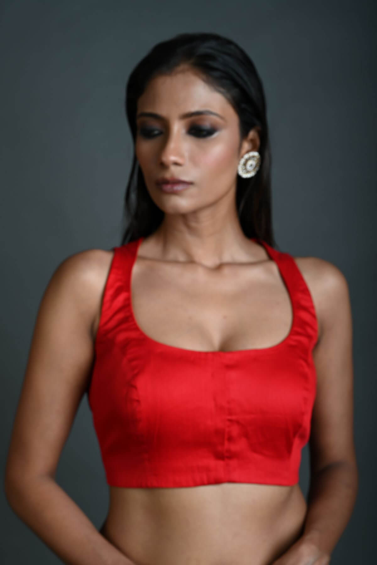 Red Cotton Sleeveless Blouse with Deep U - Neckline - Anvi Couture