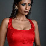 Red Cotton Sleeveless Blouse with Deep U - Neckline - Anvi Couture