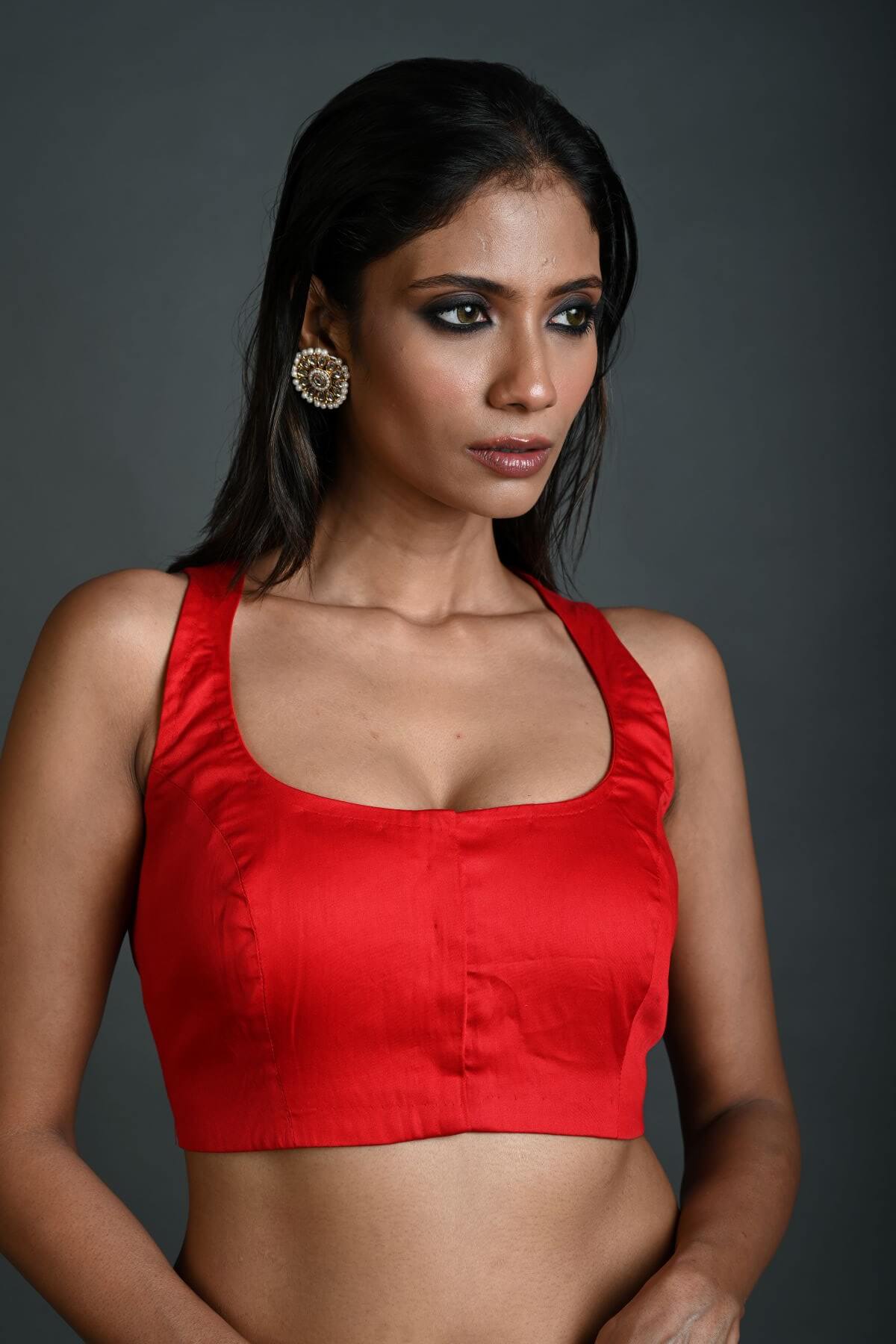 Red Cotton Sleeveless Blouse with Deep U - Neckline - Anvi Couture