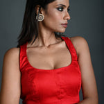 Red Cotton Sleeveless Blouse with Deep U - Neckline - Anvi Couture