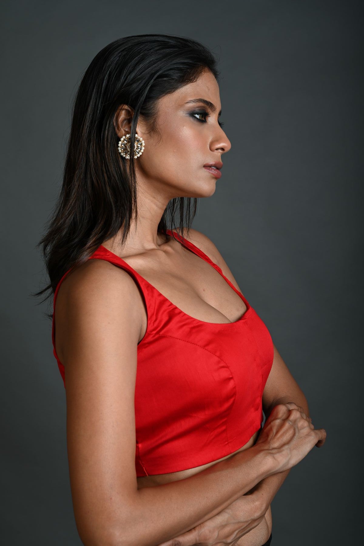 Red Cotton Sleeveless Blouse with Deep U - Neckline - Anvi Couture