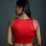 Red Cotton Sleeveless Blouse with Plunging Sweetheart Neckline - Anvi Couture