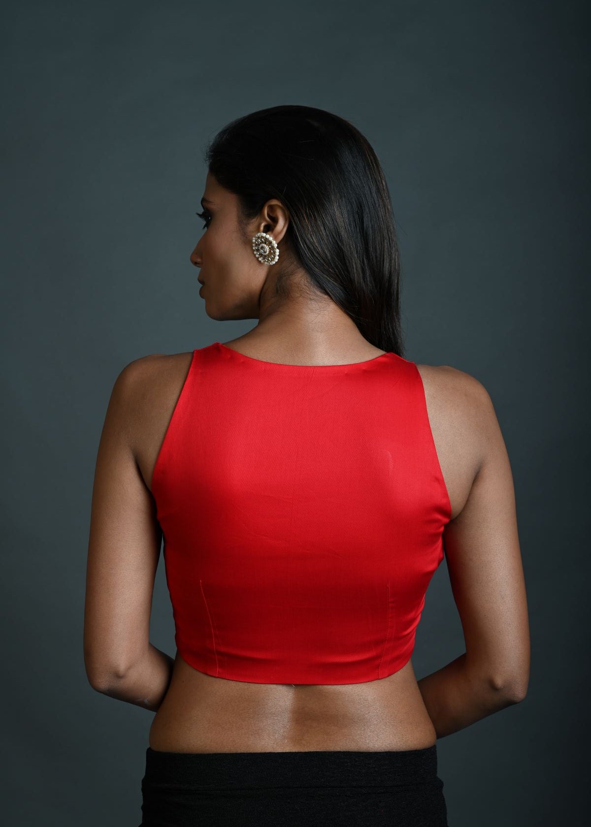 Red Cotton Sleeveless Blouse with Plunging Sweetheart Neckline - Anvi Couture