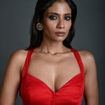 Red Cotton Sleeveless Blouse with Plunging Sweetheart Neckline - Anvi Couture