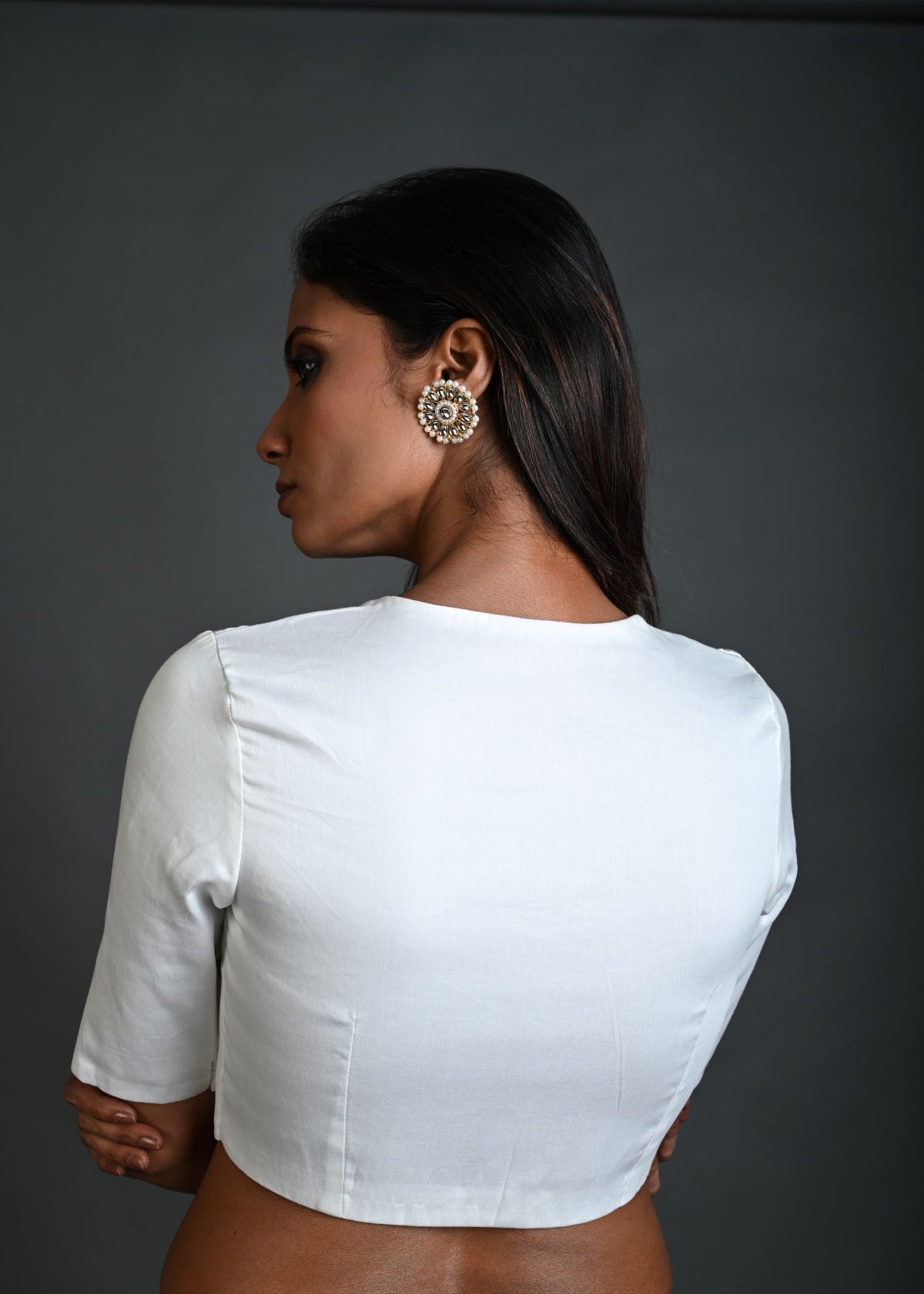 White Cotton Blouse with Half Sleeves and Round Neck - Anvi Couture