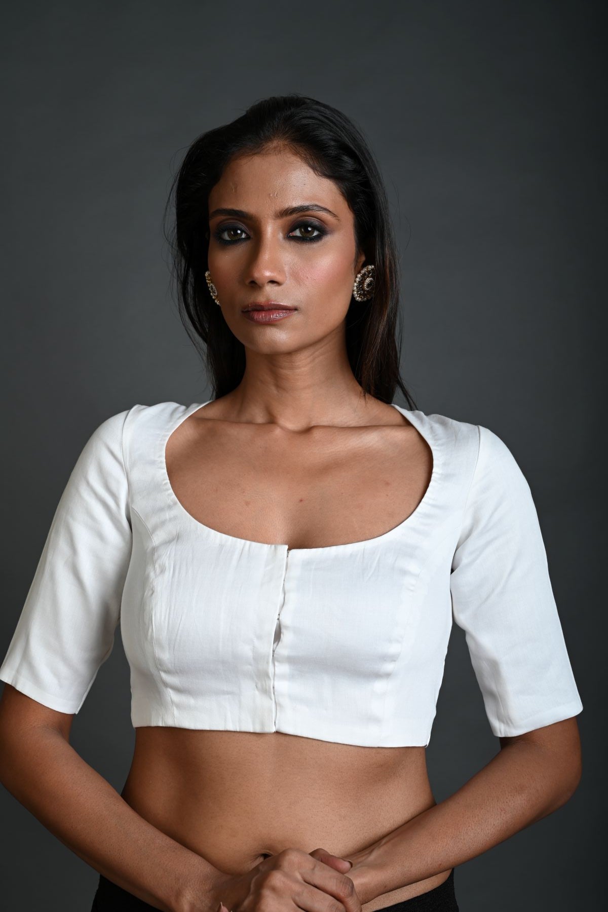 White Cotton Blouse with Half Sleeves and Round Neck - Anvi Couture