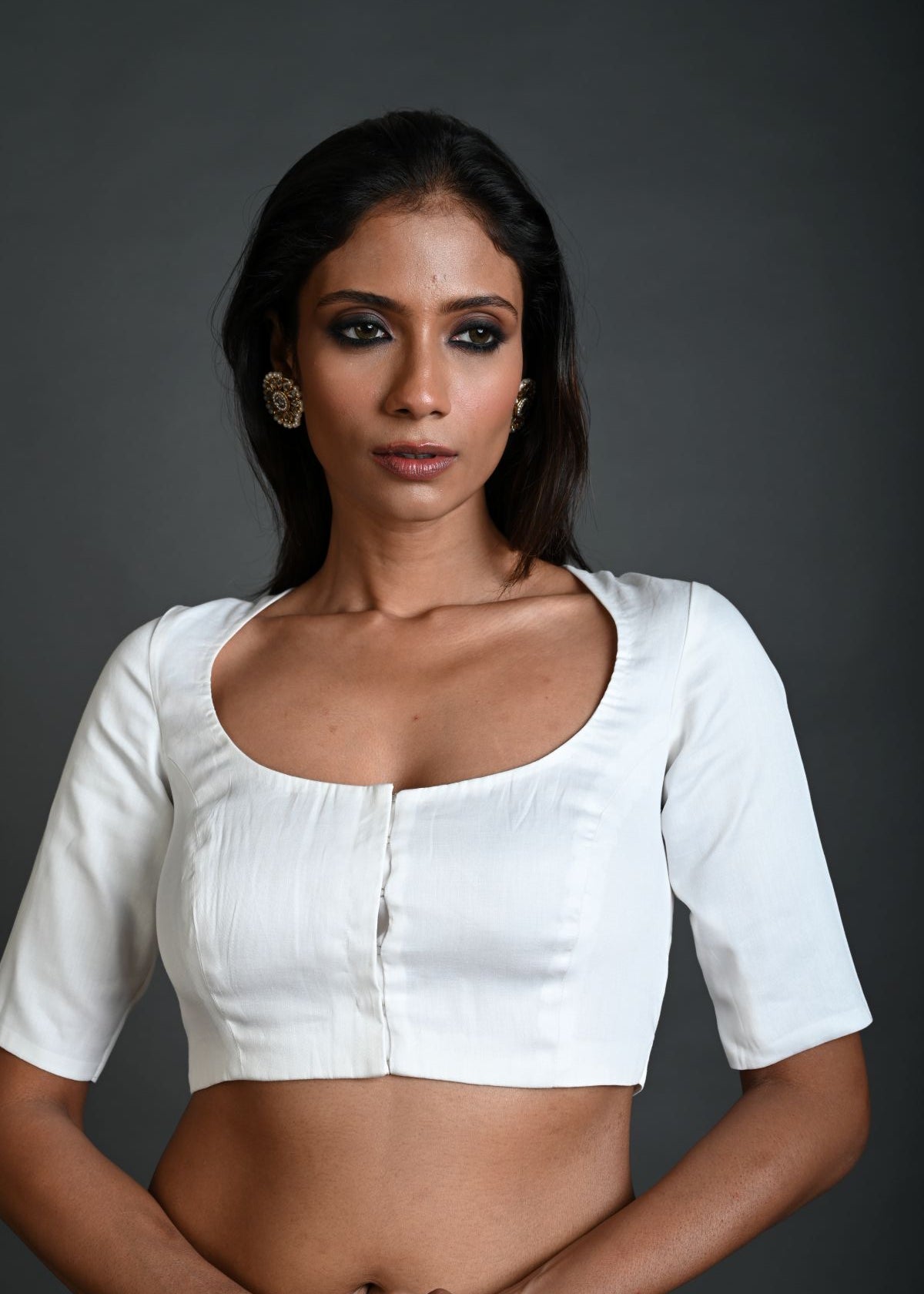 White Cotton Blouse with Half Sleeves and Round Neck - Anvi Couture