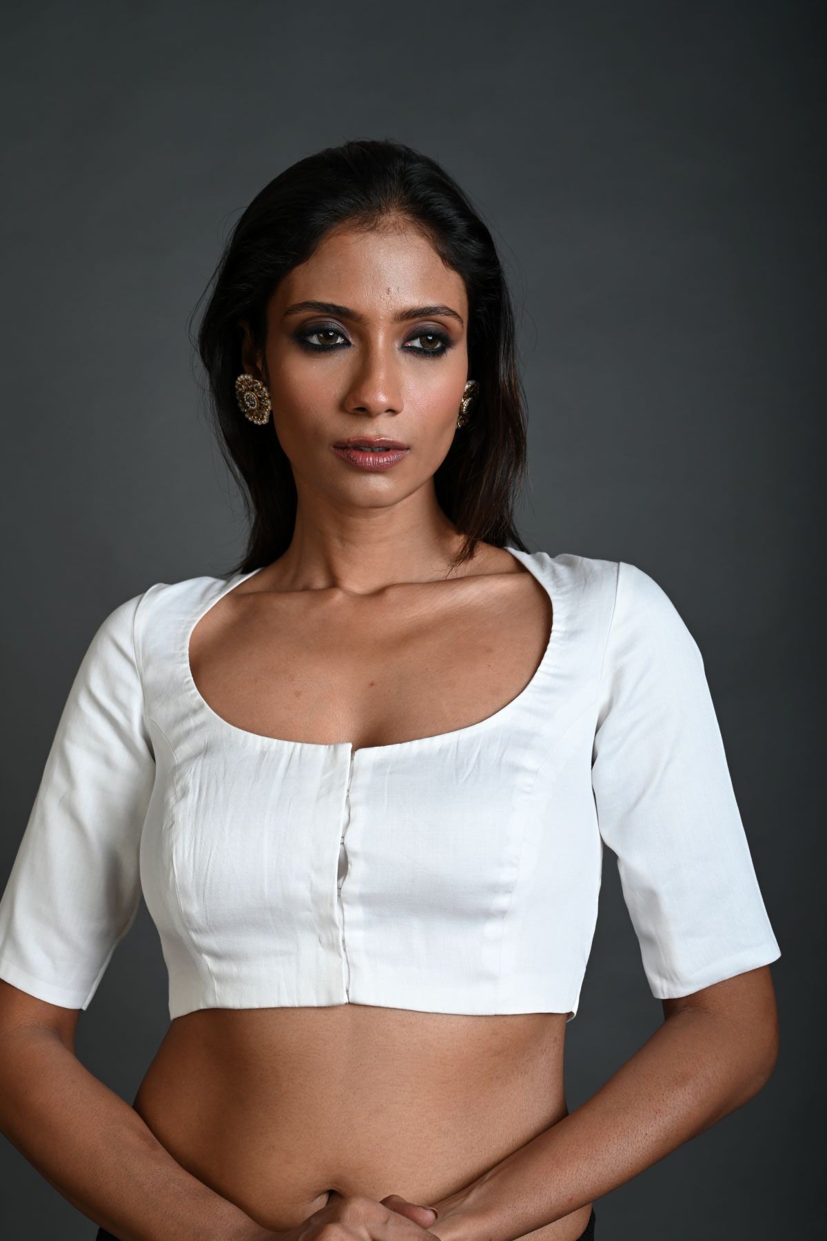 White Cotton Blouse with Half Sleeves and Round Neck - Anvi Couture