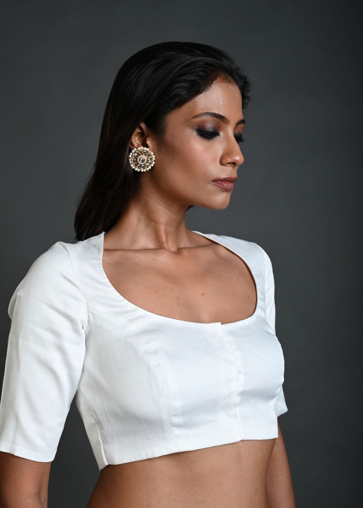 White Cotton Blouse with Half Sleeves and Round Neck - Anvi Couture