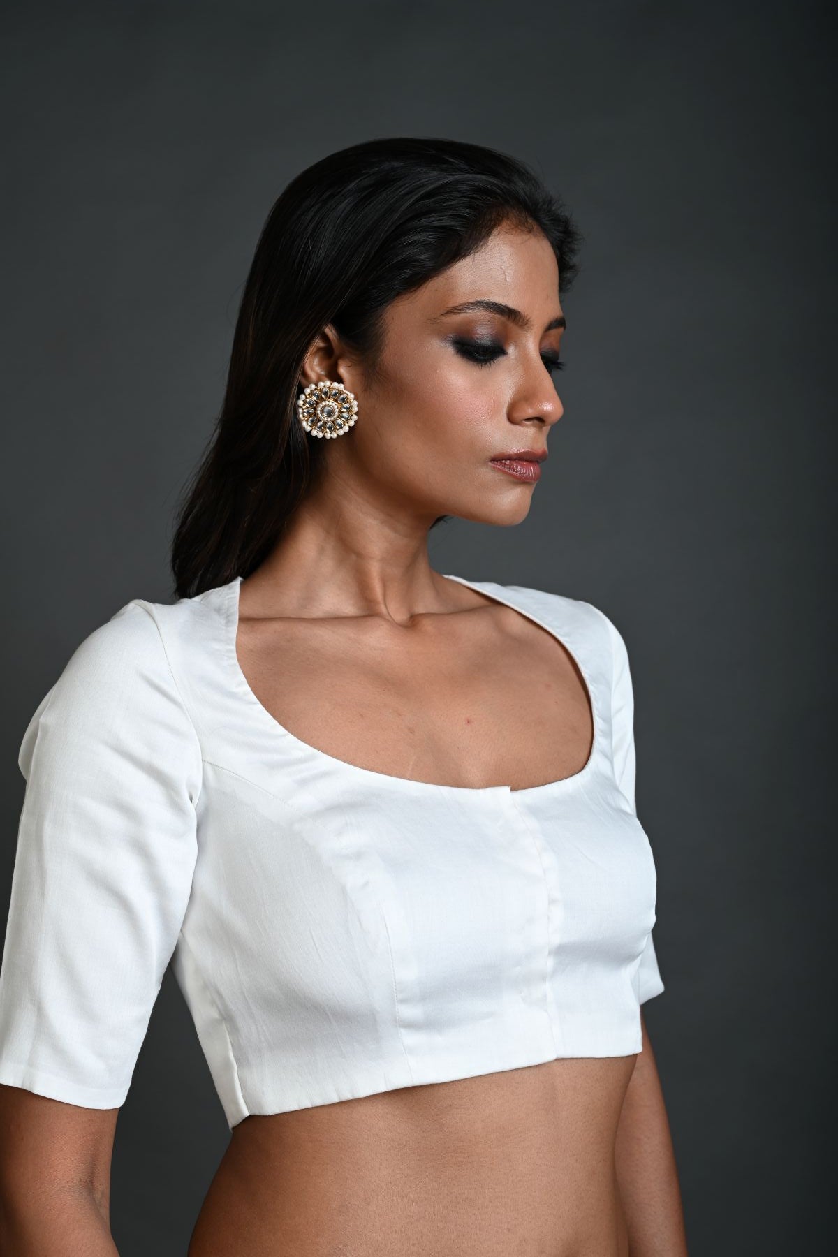 White Cotton Blouse with Half Sleeves and Round Neck - Anvi Couture