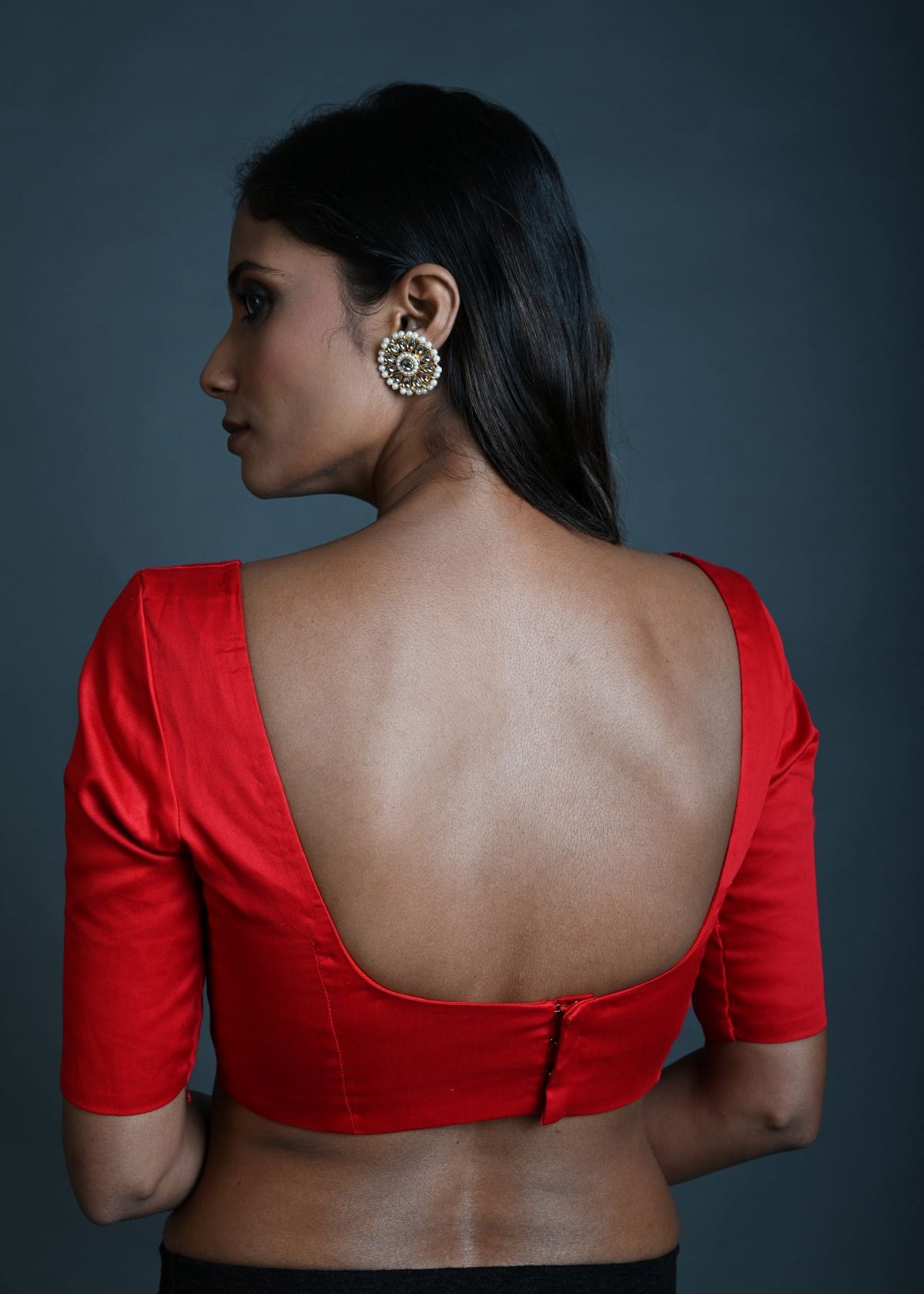 Red Cotton Blouse with Sweetheart Neckline and Half Sleeves - Anvi Couture