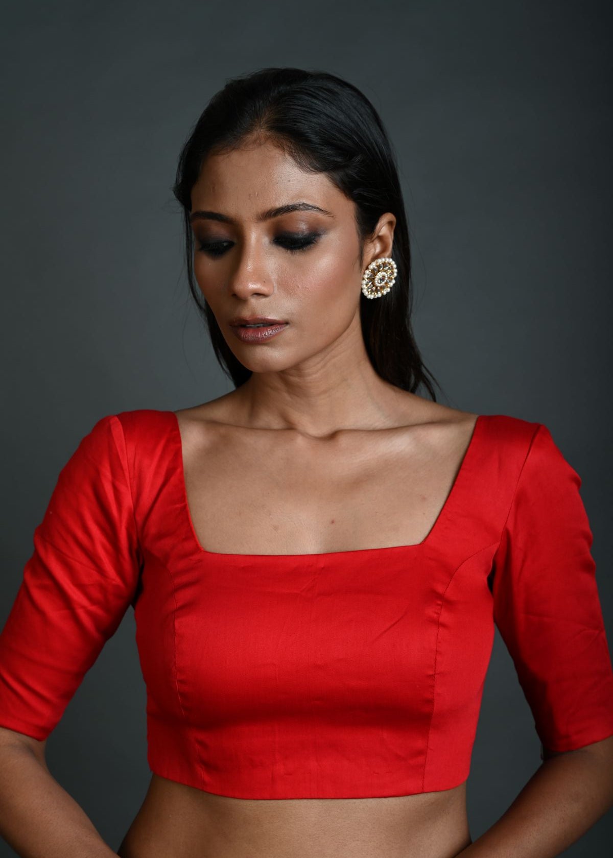 Red Cotton Blouse with Half Sleeves and Square Neckline - Anvi Couture