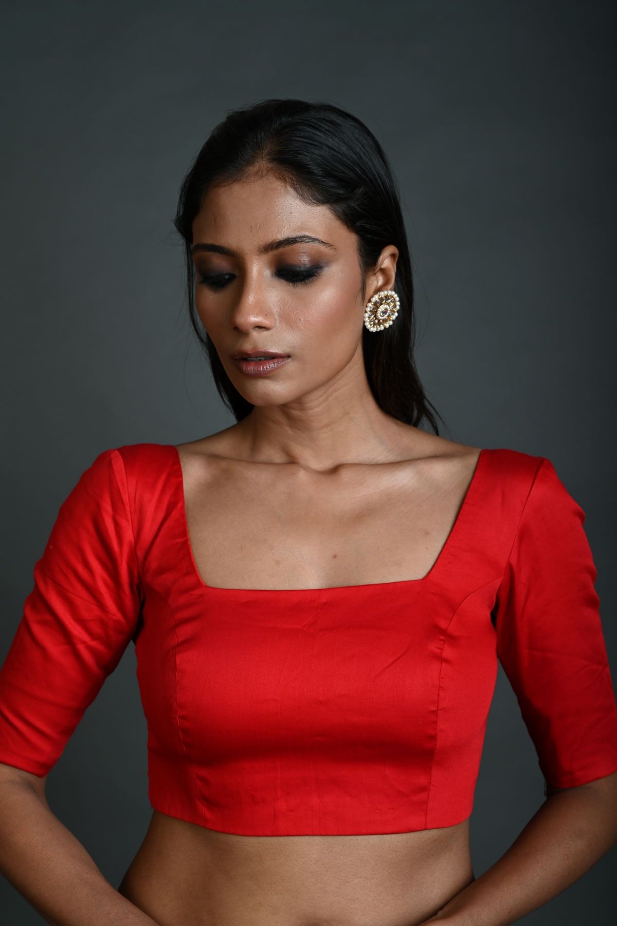 Red Cotton Blouse with Half Sleeves and Square Neckline - Anvi Couture