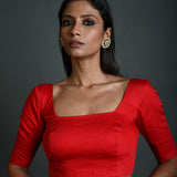 Red Cotton Blouse with Half Sleeves and Square Neckline - Anvi Couture