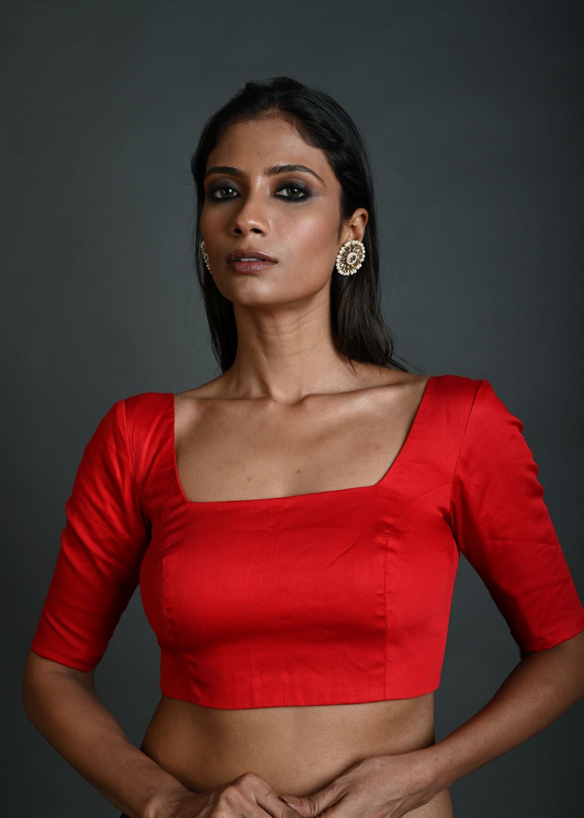 Red Cotton Blouse with Half Sleeves and Square Neckline - Anvi Couture