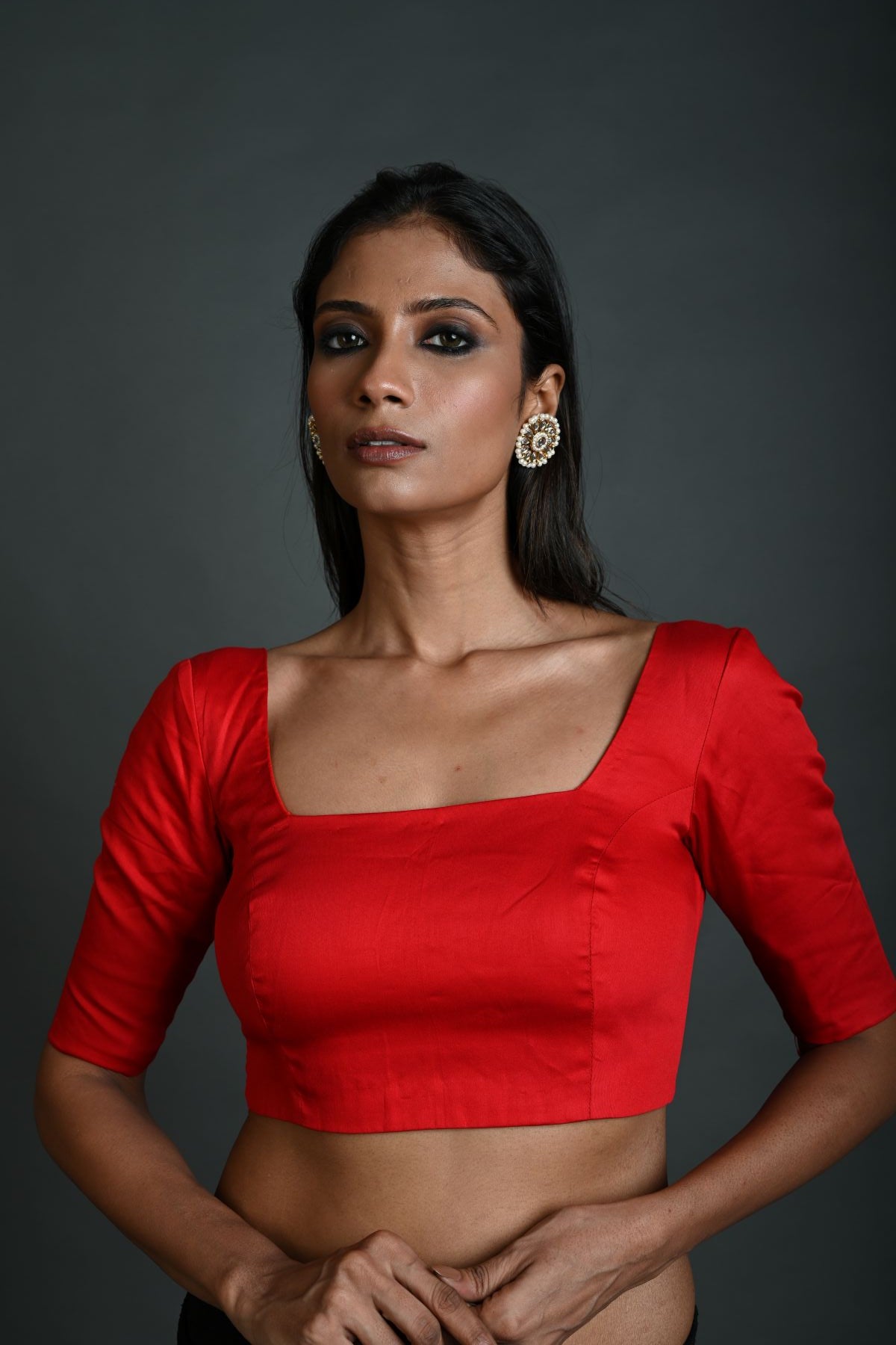 Red Cotton Blouse with Half Sleeves and Square Neckline - Anvi Couture