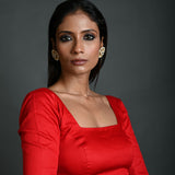 Red Cotton Blouse with Half Sleeves and Square Neckline - Anvi Couture