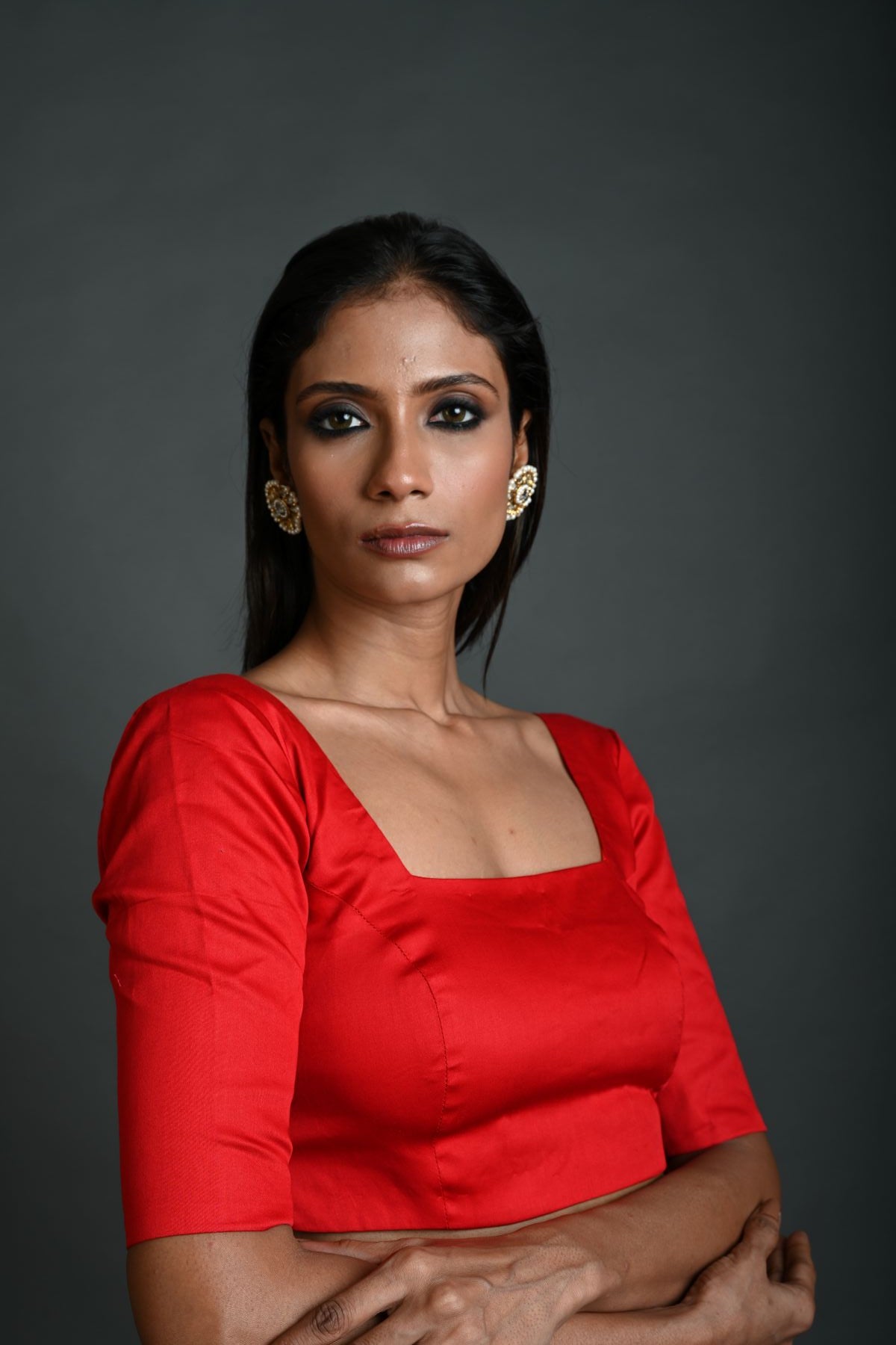 Red Cotton Blouse with Half Sleeves and Square Neckline - Anvi Couture