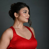 Red Cotton Sleeveless Blouse in with Back Cutout - Anvi Couture